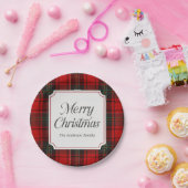 Red Plaid Merry Christmas Round Papieren Bordje (Feest)