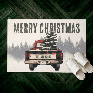 Red Plaid Merry Christmas Truck Custom Family Name Deurmat