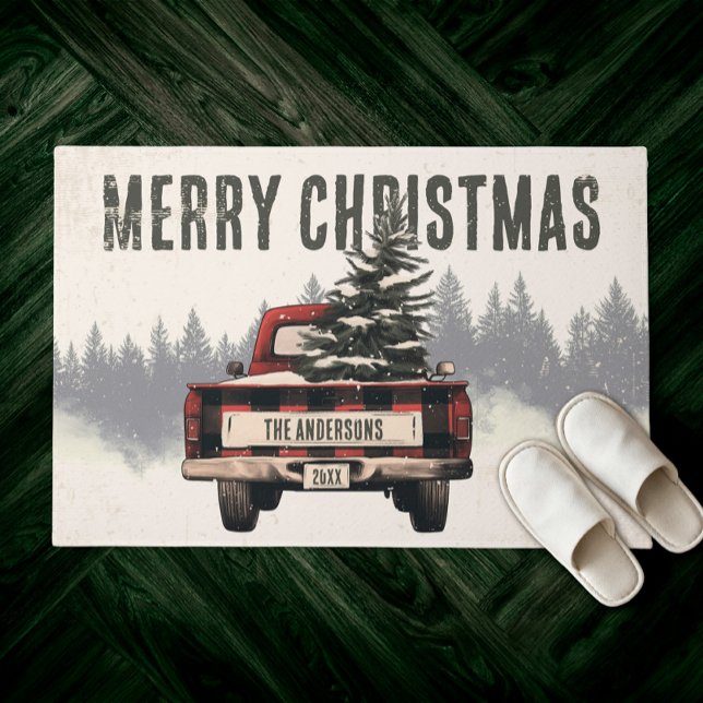 Red Plaid Merry Christmas Truck Custom Family Name Deurmat (Creator heeft geüpload)