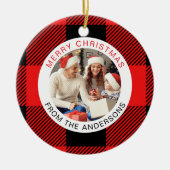 Red Plaid Modern Eenvoudige Kerstfamilie 2 Foto Keramisch Ornament (Voorkant)