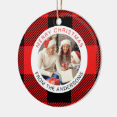 Red Plaid Modern Eenvoudige Kerstfamilie 2 Foto Keramisch Ornament (Links)
