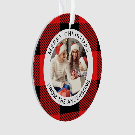Red Plaid Modern Eenvoudige Kerstfamilie 2 Foto Ornament (voorkant)