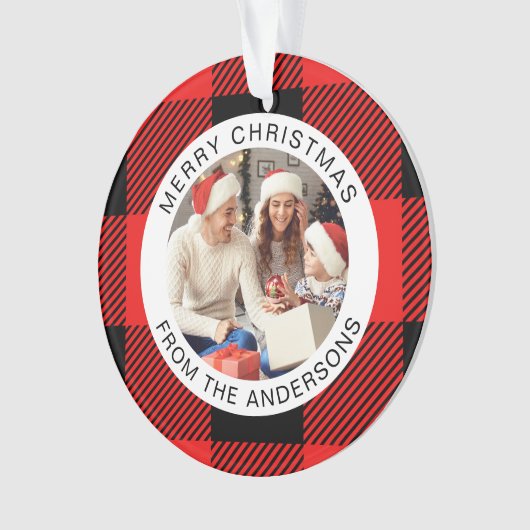 Red Plaid Modern Eenvoudige Kerstfamilie 2 Foto Ornament (voorkant)