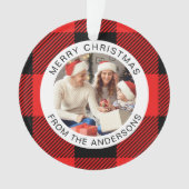 Red Plaid Modern Eenvoudige Kerstfamilie 2 Foto Ornament (voorkant)