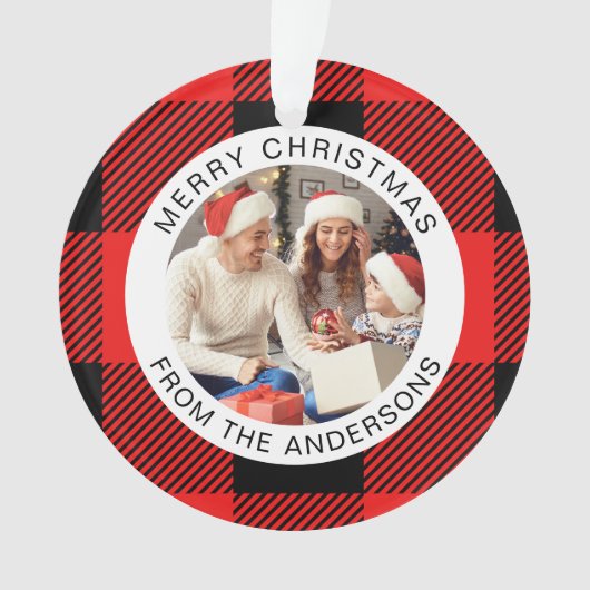 Red Plaid Modern Eenvoudige Kerstfamilie 2 Foto Ornament (voorkant)