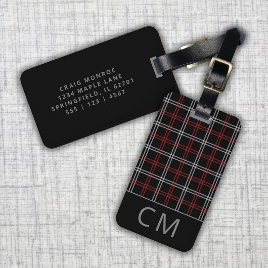 Red Plaid Modern Monogrammed Eenvoudige Initialen Bagagelabel