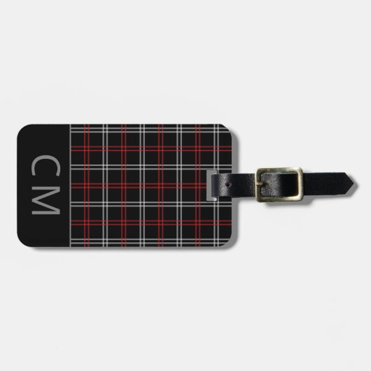 Red Plaid Modern Monogrammed Eenvoudige Initialen Bagagelabel (Voorkant horizontaal)