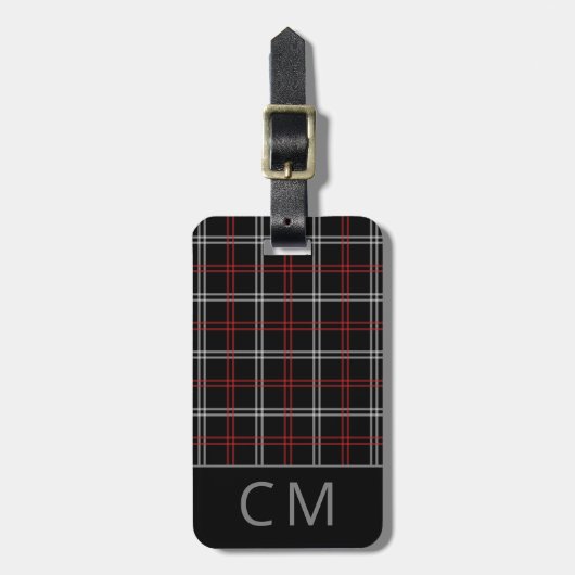 Red Plaid Modern Monogrammed Eenvoudige Initialen Bagagelabel (Voorkant verticaal)