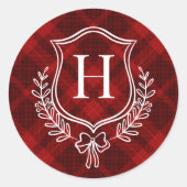 Red Plaid Monogram Initiaal Kerst Ronde Sticker (Voorkant)