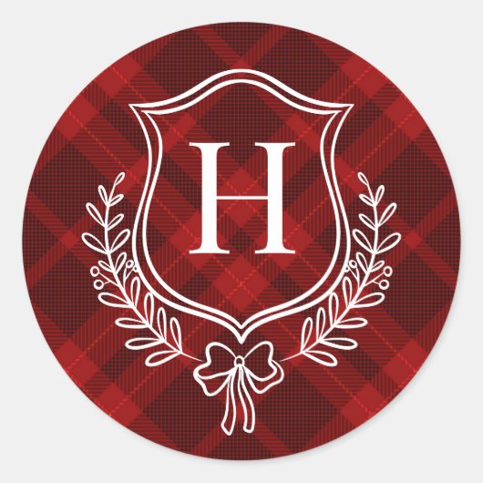 Red Plaid Monogram Initiaal Kerst Ronde Sticker (Voorkant)