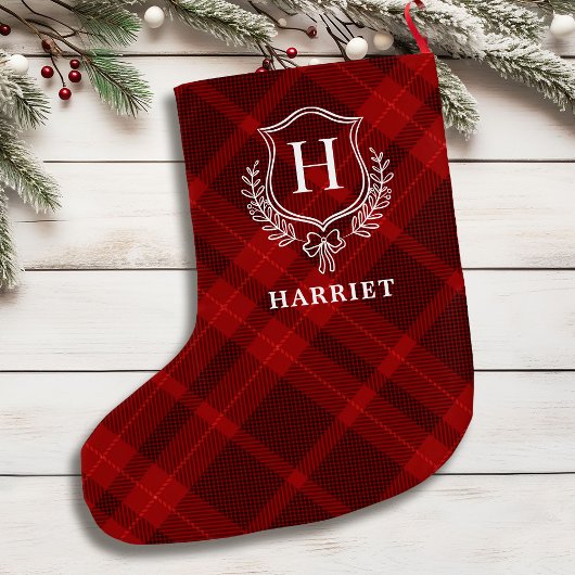 Red Plaid Monogram Initiaal Tartan Grote Kerstsok