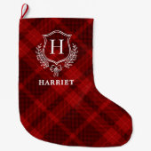 Red Plaid Monogram Initiaal Tartan Grote Kerstsok (Voorkant)