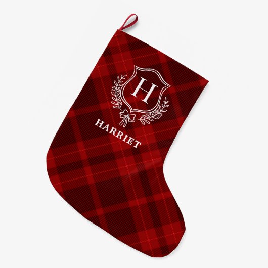 Red Plaid Monogram Initiaal Tartan Grote Kerstsok (Voorkant (Hangend))