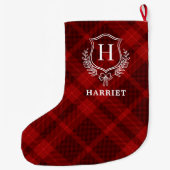 Red Plaid Monogram Initiaal Tartan Grote Kerstsok (Achterkant)