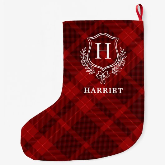 Red Plaid Monogram Initiaal Tartan Grote Kerstsok (Achterkant)