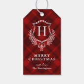 Red Plaid Monogram Kerstmis Cadeaulabel (Voorkant)
