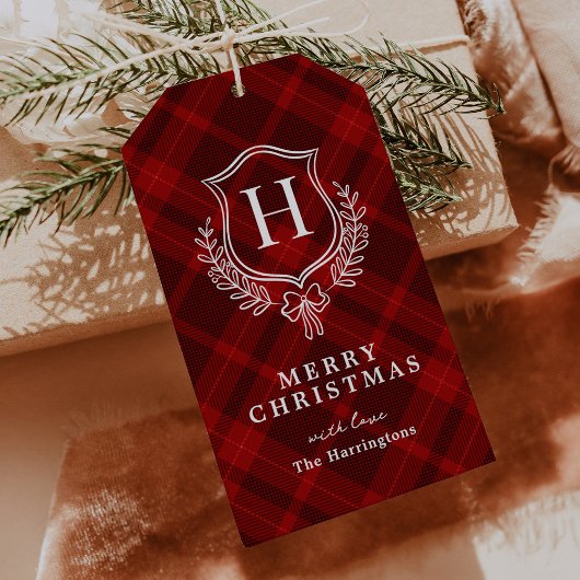 Red Plaid Monogram Kerstmis Cadeaulabel