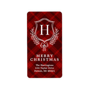 Red Plaid Monogram Kerstretouradres Etiket