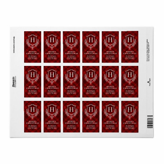 Red Plaid Monogram Kerstretouradres Etiket (Full Sheet)
