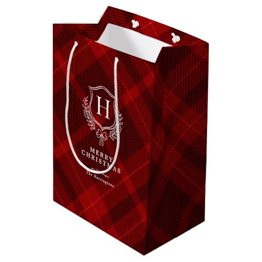 Red Plaid Monogram Naam Kerst Medium Cadeauzakje (Achterkant Gekanteld)