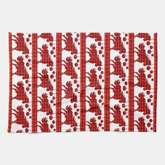 Red Plaid Paarden en Ornamenten Theedoek (Horizontaal)