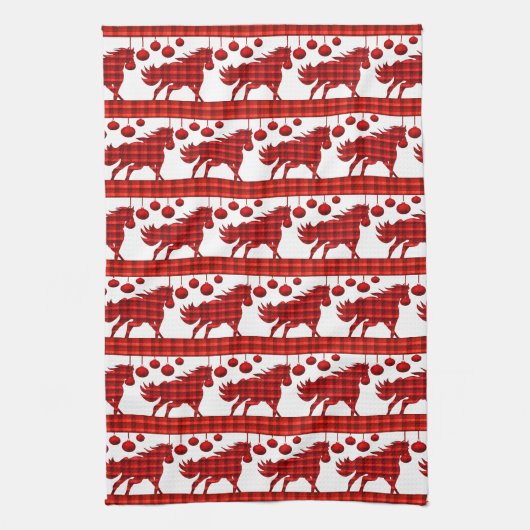 Red Plaid Paarden en Ornamenten Theedoek (Verticaal)