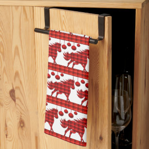 Red Plaid Paarden en Ornamenten Theedoek