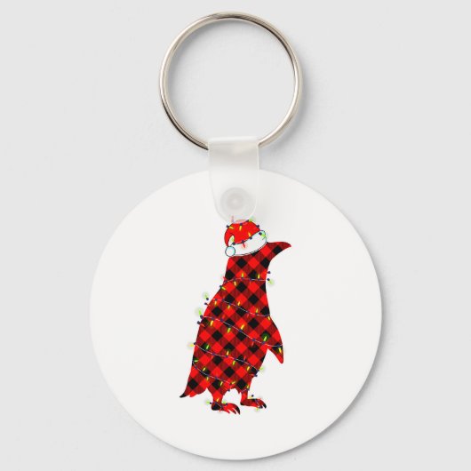 Red Plaid Penguin Christmas Lights Pajamas Adult K Sleutelhanger (Voorkant)