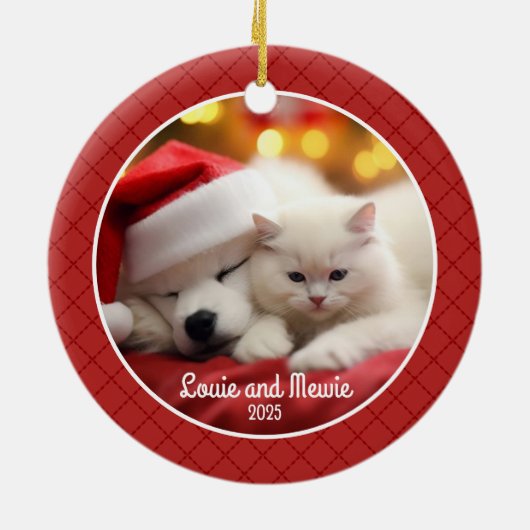 Red Plaid Pet Foto Keramisch Ornament (Achterkant)