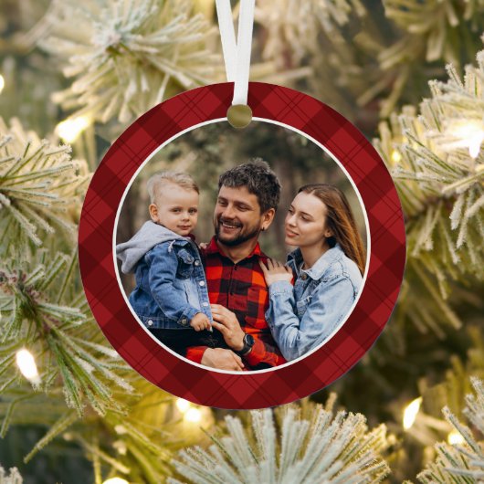 Red Plaid Photo Christmas  Metalen Ornament (Insitu)