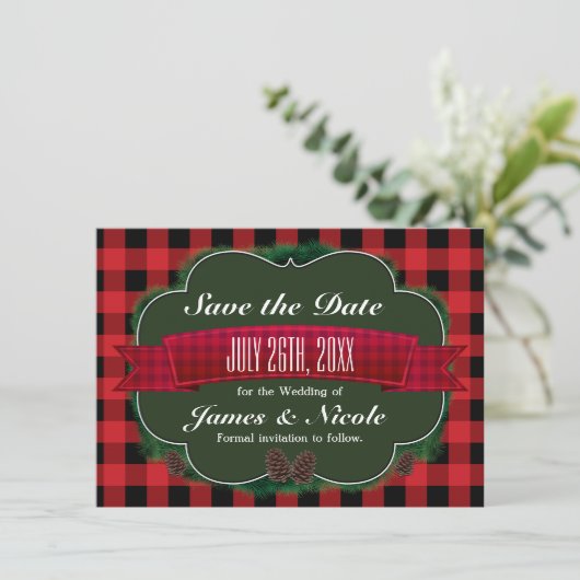 Red Plaid & Pinecones Rustic Country Uitnodiging (Staand voorkant)