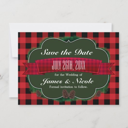 Red Plaid & Pinecones Rustic Country Uitnodiging (Voorkant)