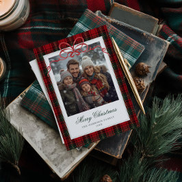 Red Plaid Red Bow Photo Feestdagenkaart