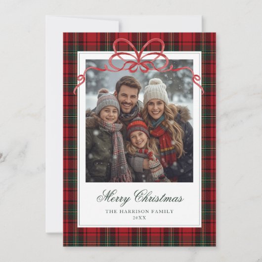 Red Plaid Red Bow Photo Feestdagenkaart (Voorkant)