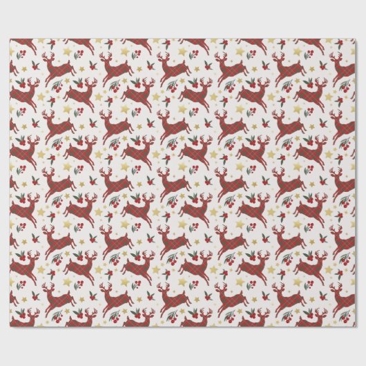 Red Plaid Rendier Christmas Wrapping Paper Cadeaupapier (Vlak)