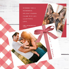 Red Plaid Ribbon Simple 2 Photo Christmas Feestdagenkaart