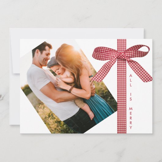 Red Plaid Ribbon Simple 2 Photo Christmas Feestdagenkaart (Voorkant)