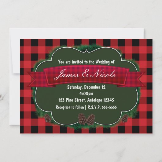 Red Plaid Rustic Christmas Wedding Uitnodigingen (Achterkant)