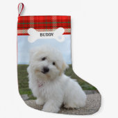 Red Plaid Rustic Dog Bone Pet Foto Kleine Kerstsok (Voorkant)