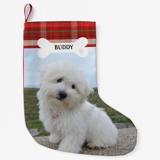 Red Plaid Rustic Dog Bone Pet Foto Kleine Kerstsok (Voorkant)