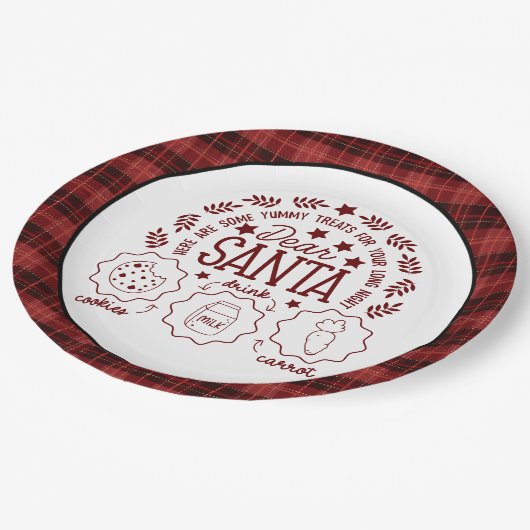 Red Plaid Santa Melk en Cookies Papieren Bordje (Gekanteld)