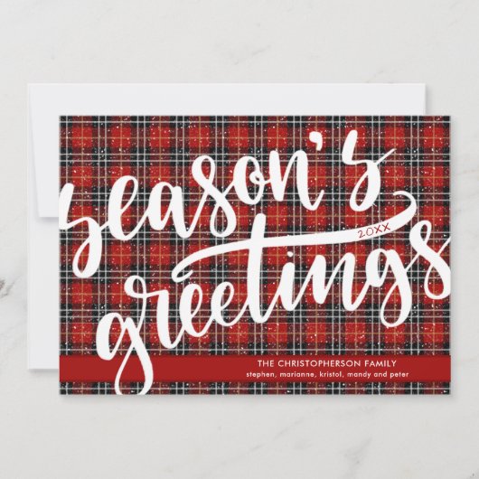 Red Plaid Script SEIZOENEN GROETEN Feestdagenkaart (Voorkant)