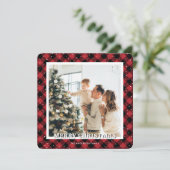 Red Plaid Sneeuwfoto Vrolijk Kerstfeest Feestdagenkaart (Staand voorkant)