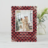 Red Plaid Snowflake Foto Vrolijk Kerstfeest Feestdagenkaart (Staand voorkant)