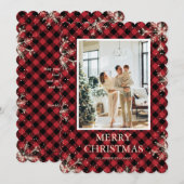 Red Plaid Snowflake Foto Vrolijk Kerstfeest Feestdagenkaart (Voorkant / Achterkant)