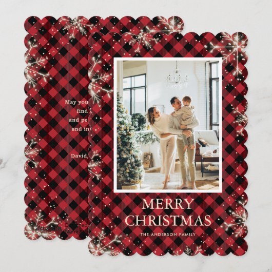 Red Plaid Snowflake Foto Vrolijk Kerstfeest Feestdagenkaart (Voorkant / Achterkant)