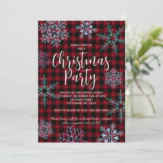 Red Plaid Snowflakes Kerstfeest Kaart (Staand voorkant)