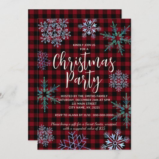 Red Plaid Snowflakes Kerstfeest Kaart (Voorkant / Achterkant)