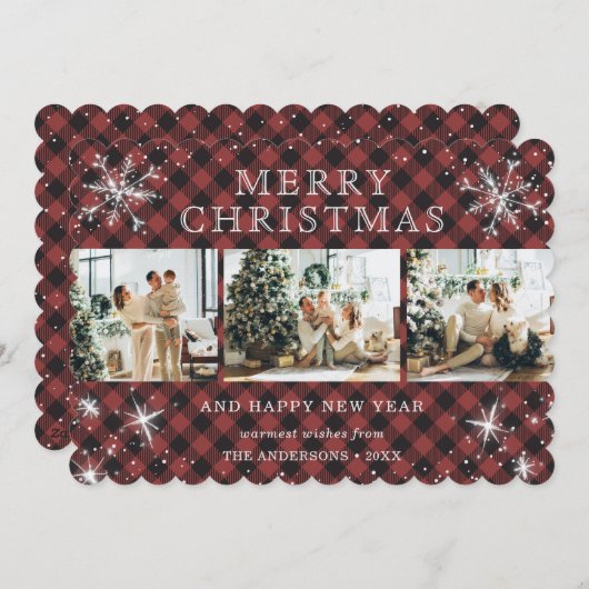 Red Plaid Sparkly Snowflake 3 Fotocollage Feestdagenkaart (Voorkant / Achterkant)
