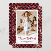 Red Plaid Sparkly Snowflakes Foto Vrolijk Kerstfee Feestdagenkaart (Voorkant / Achterkant)